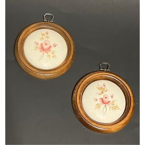 Pair of Vintage Hand painted Pink Rose Wall Hangings